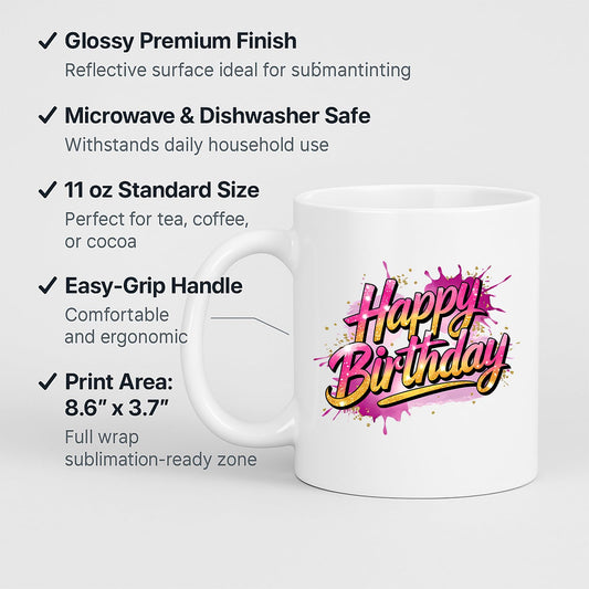 Happy Birthday mug with labels for 11oz size and easy-grip handle