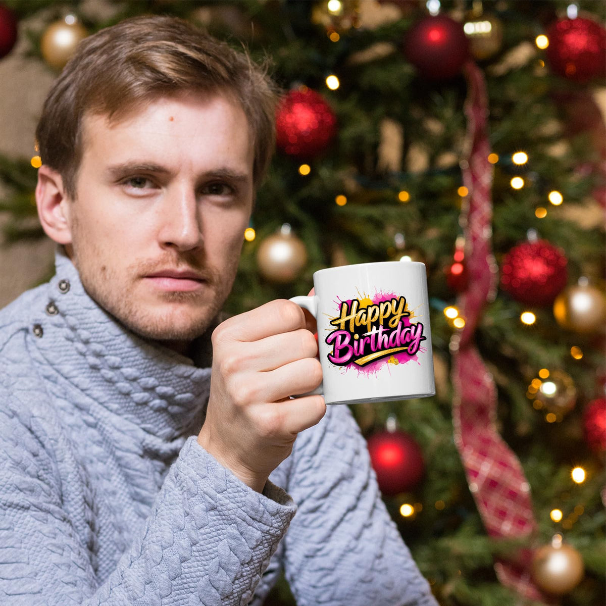 Man holding the Happy Birthday mug by a Christmas tree