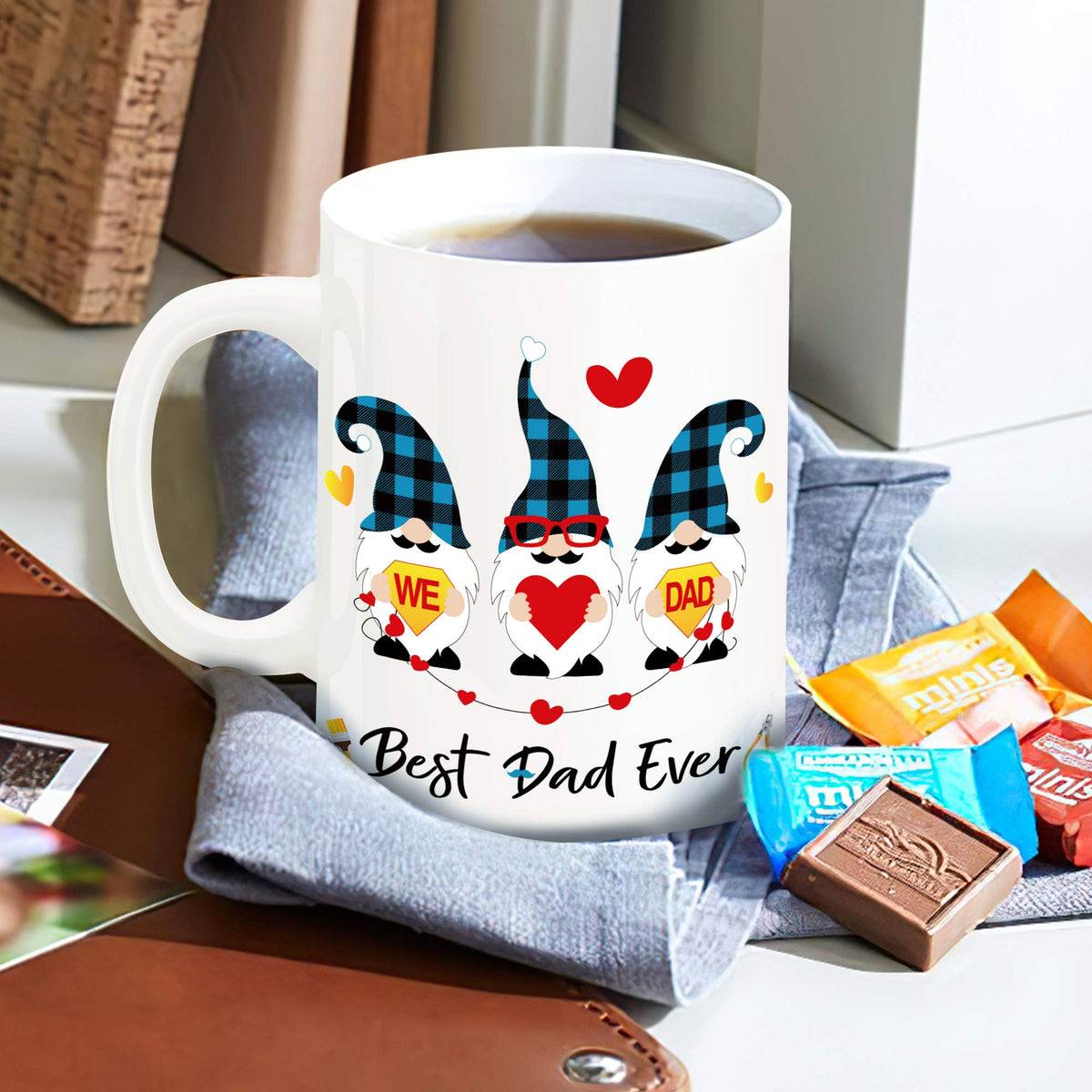 Best Dad Ever gnome mug beside chocolates