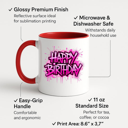 Colour handle mug with labels for 11oz size and easy-grip handle