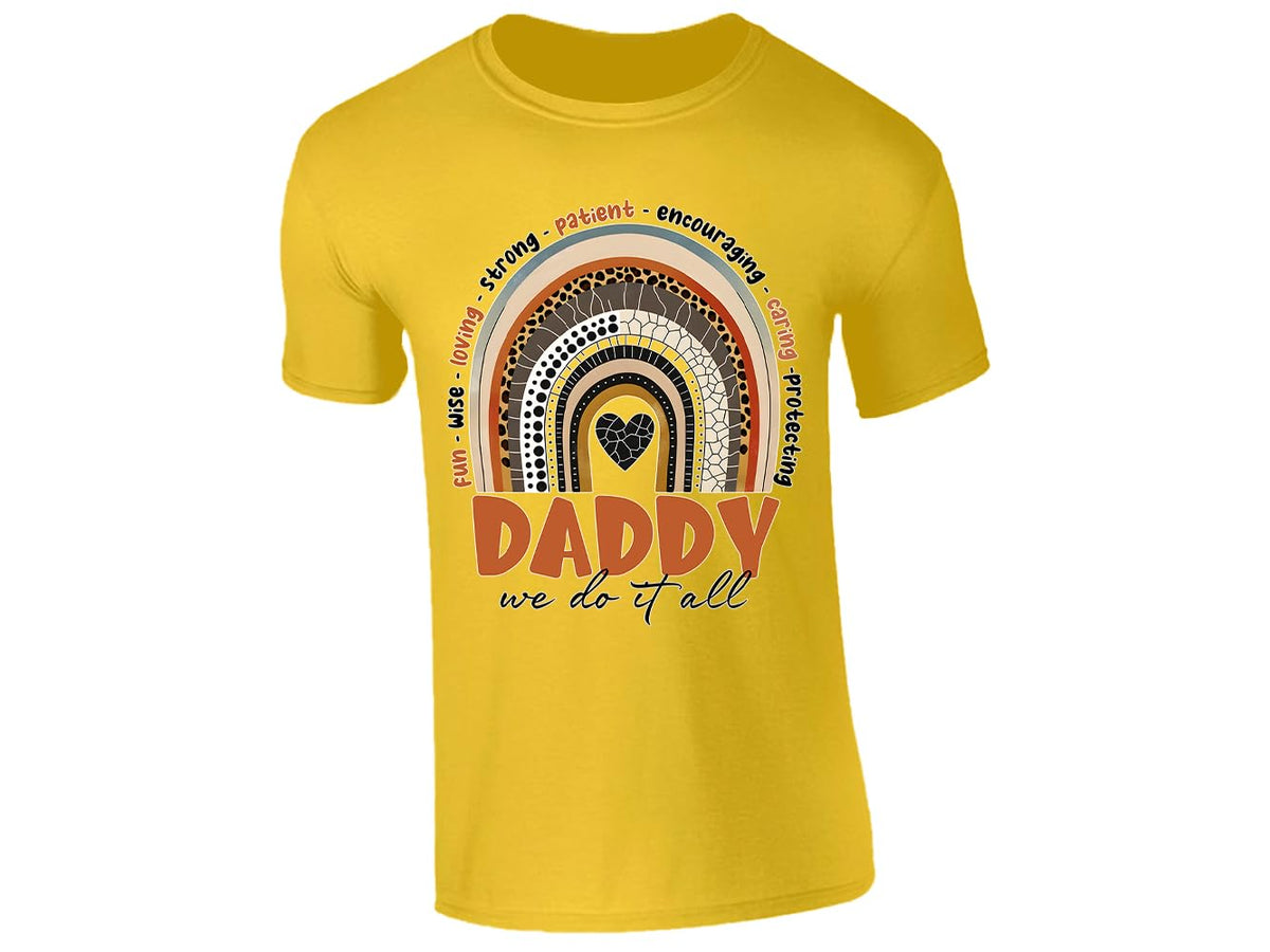 Yellow men's T-shirt with Daddy rainbow design – “we do it all”