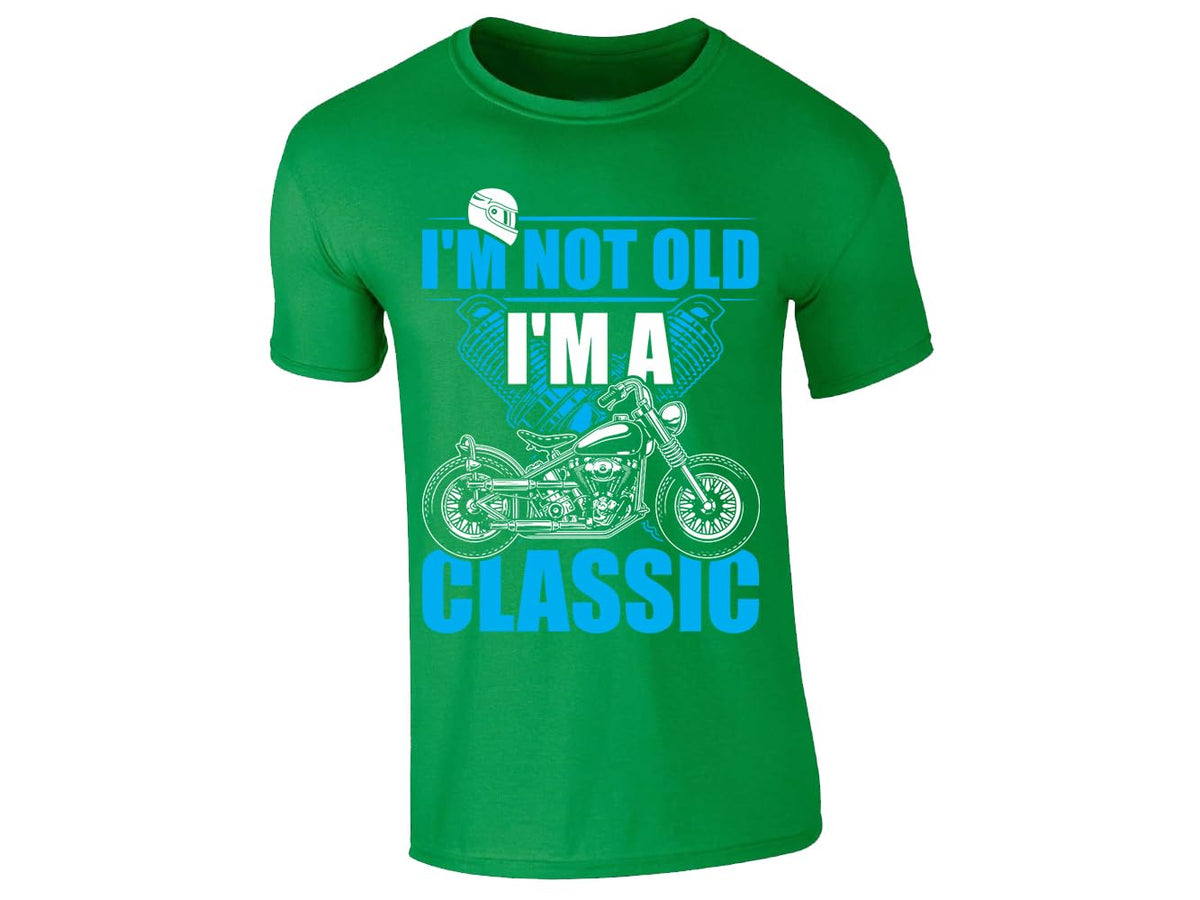 Irish green men's T-shirt with “I'm Not Old, I'm a Classic” with a vintage motorbike