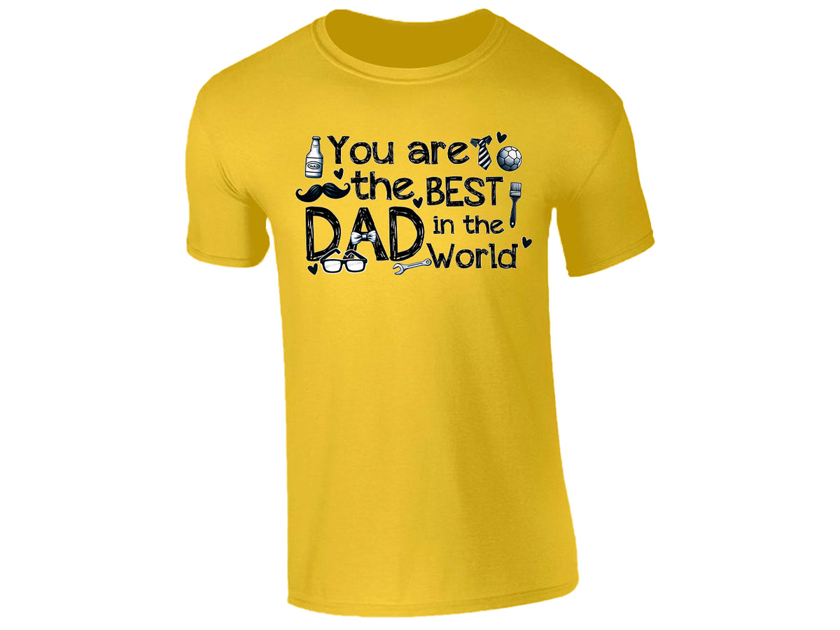 Yellow men's T-shirt with “You Are the Best Dad in the World” with playful icons