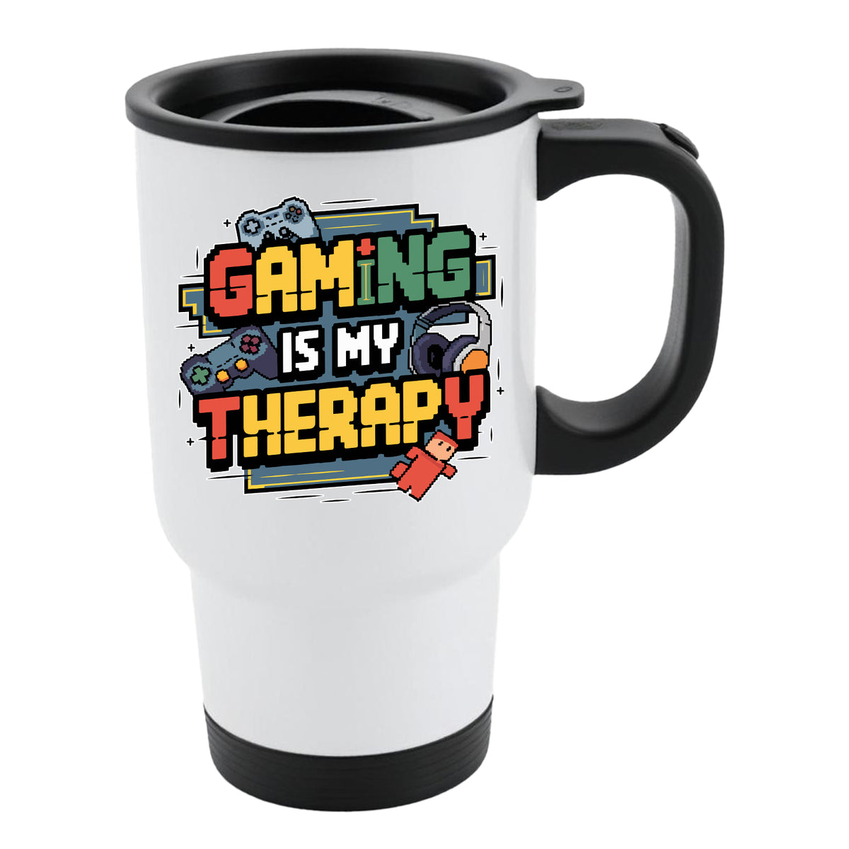 White travel mug with black lid printed Gaming Is My Therapy in colourful retro letters