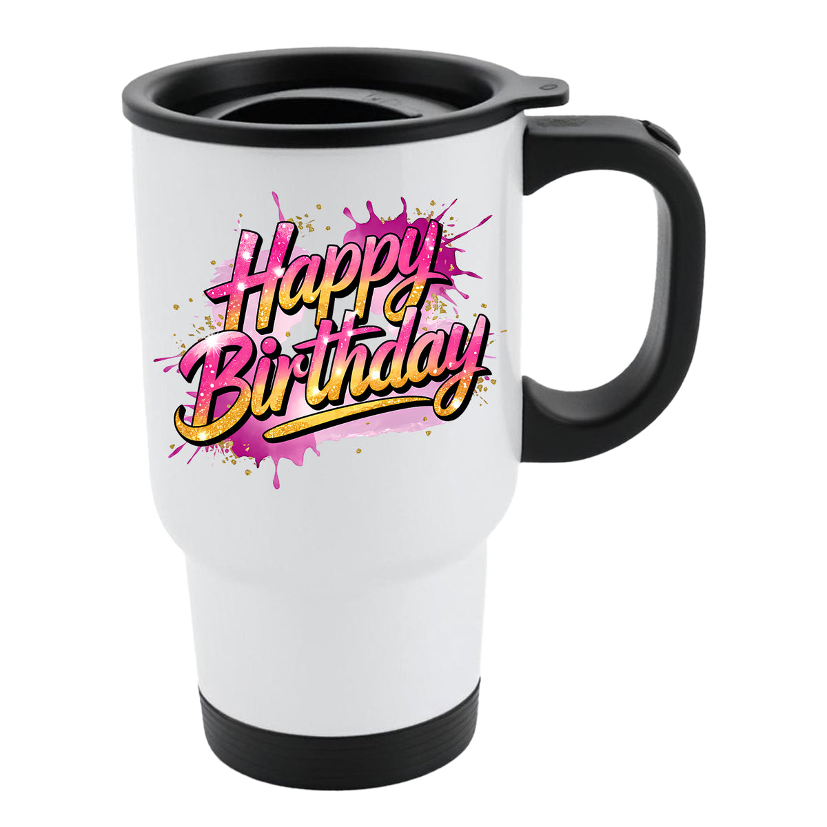 White travel mug with black lid and pink and yellow script “Happy Birthday” lettering