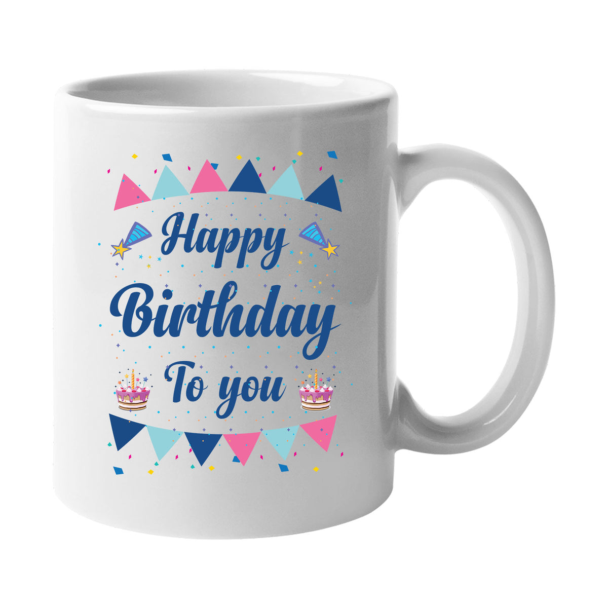 White mug with “Happy Birthday to You” in blue script with colourful bunting