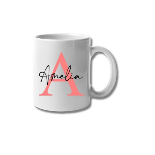 Personalised mug with a red initial and an example name