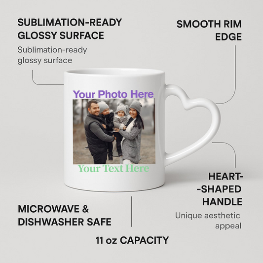 Personalised heart-handle photo mug with feature labels