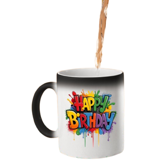 Hot drink poured into the colour changing mug as rainbow graffiti “Happy Birthday” lettering appears