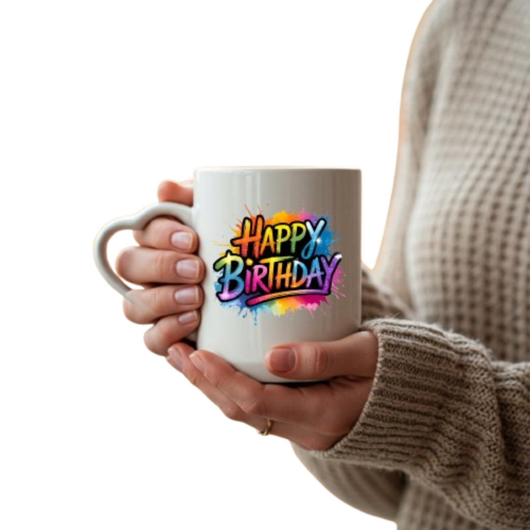Hands holding the heart-handle mug with rainbow graffiti “Happy Birthday” lettering