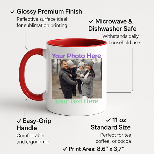 Personalised colour handle photo mug with feature labels