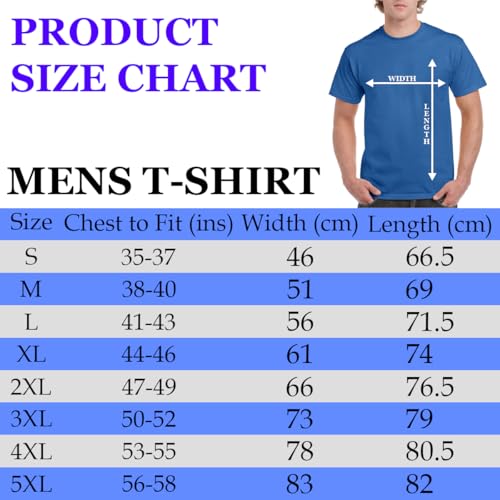 Men's T-shirt size chart with chest, width and length measurements