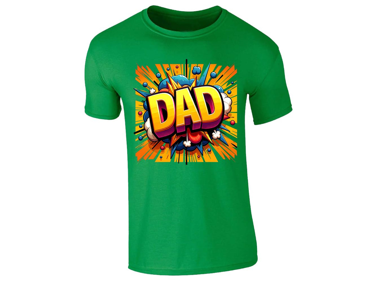 Irish green men's T-shirt with “DAD” in bold yellow letters with a rainbow comic burst