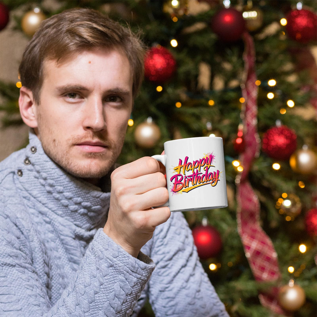 Man holding the Happy Birthday mug by a Christmas tree