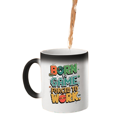 Hot drink poured into the colour changing mug as retro “Born to Game, Forced to Work” lettering appears
