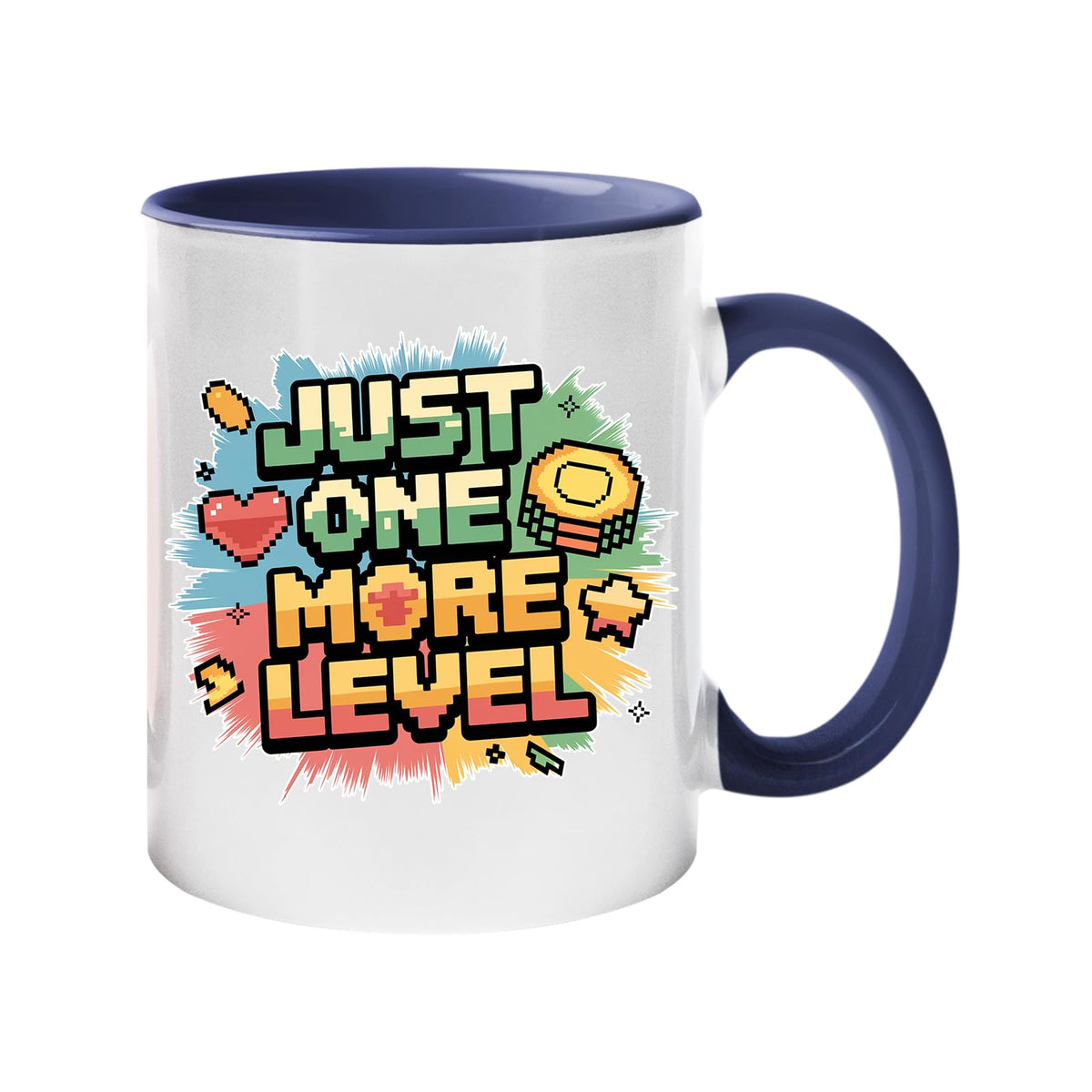 Colour handle mug with a retro “Just One More Level” design with a heart and star – dark blue handle and inside