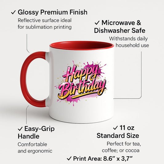 Colour handle mug with labels for 11oz size and easy-grip handle