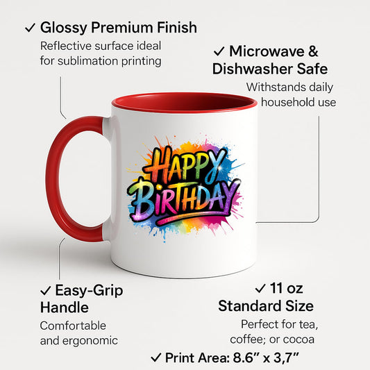 Colour handle mug with labels for 11oz size and easy-grip handle