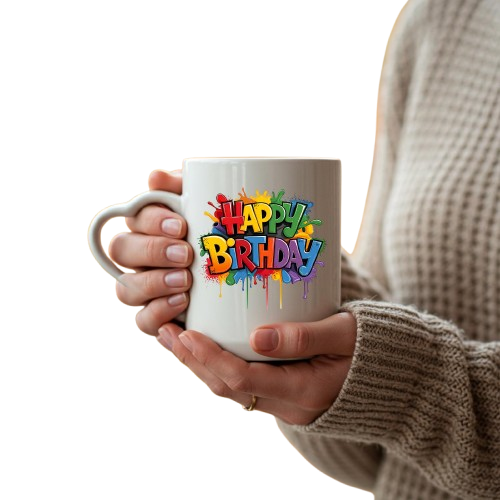 Heart-handle mug with rainbow block-letter “Happy Birthday” held against a dark background