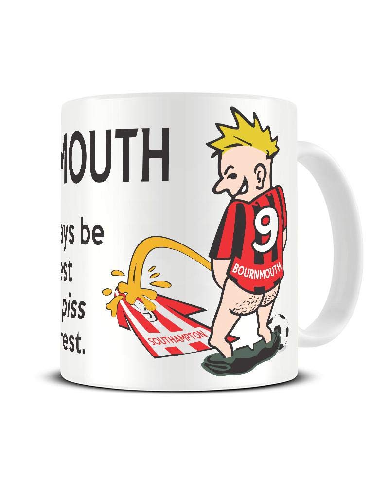 Wee On The Rival's Shirt mug – cartoon fan in a red and black striped No. 9 shirt weeing on a red and white striped rival shirt