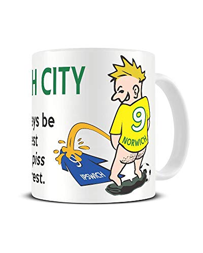Wee On The Rival's Shirt mug – cartoon fan in a yellow and green No. 9 shirt weeing on a blue rival shirt