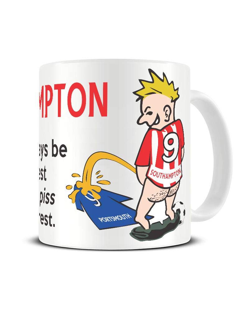 Wee On The Rival's Shirt mug – cartoon fan in a red and white striped No. 9 shirt weeing on a blue rival shirt