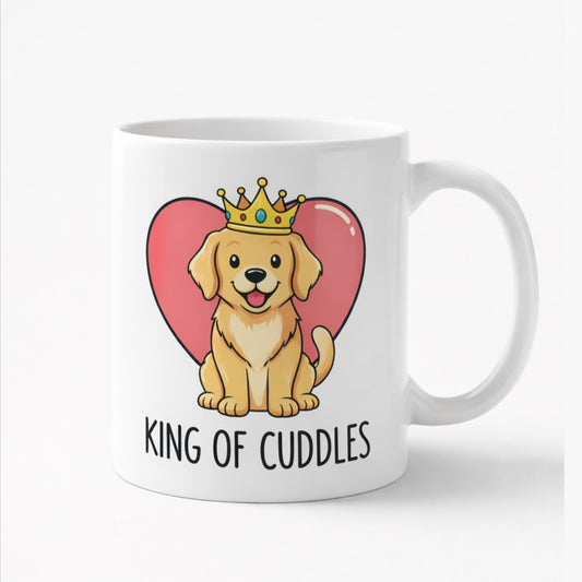 White mug printed “King of Cuddles” with a golden puppy wearing a crown on a pink heart