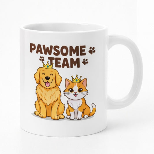 White mug printed “Pawsome Team” with a golden dog and a ginger cat side by side