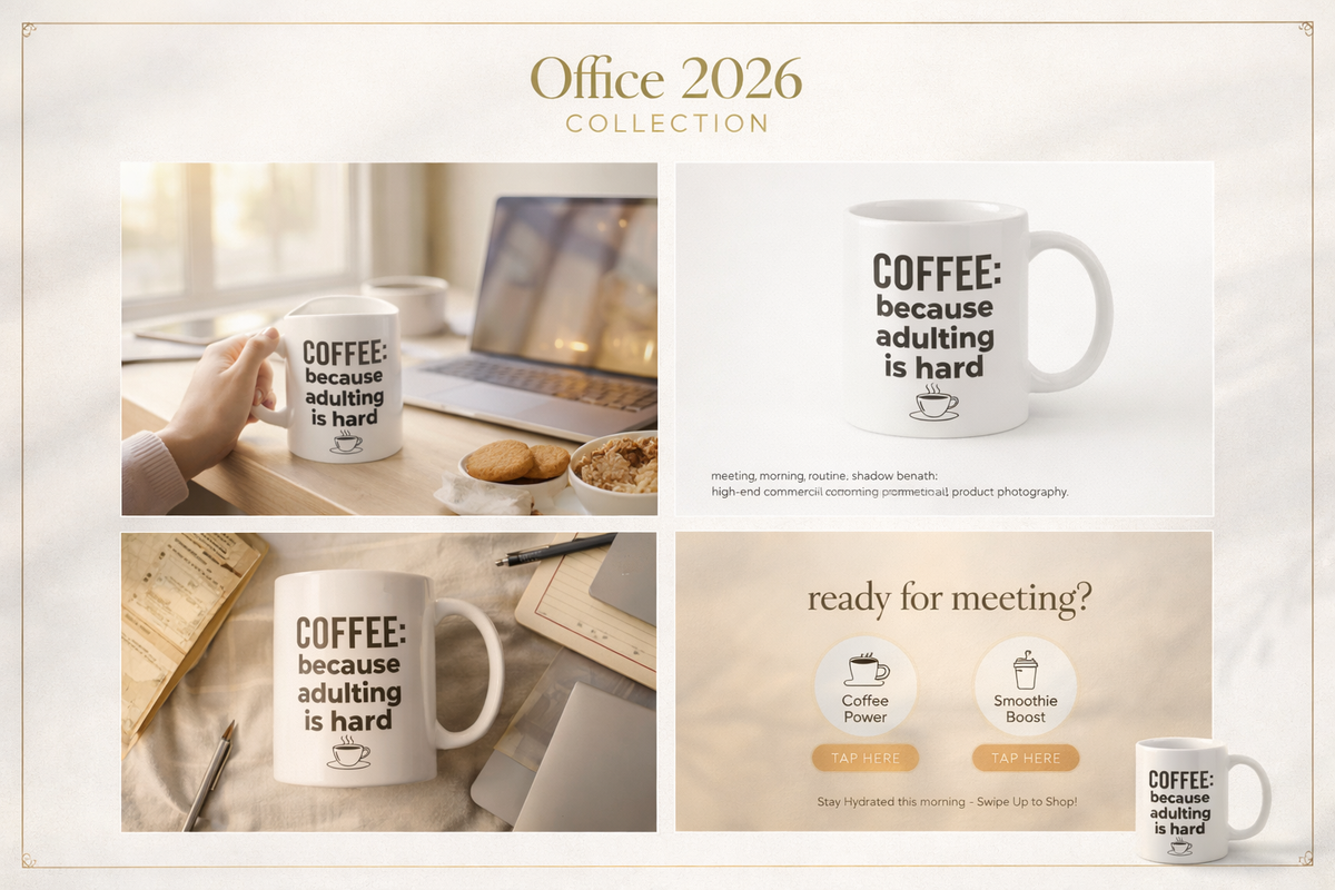 Coffee: Because Adulting Is Hard Mug shown in a home and office collage