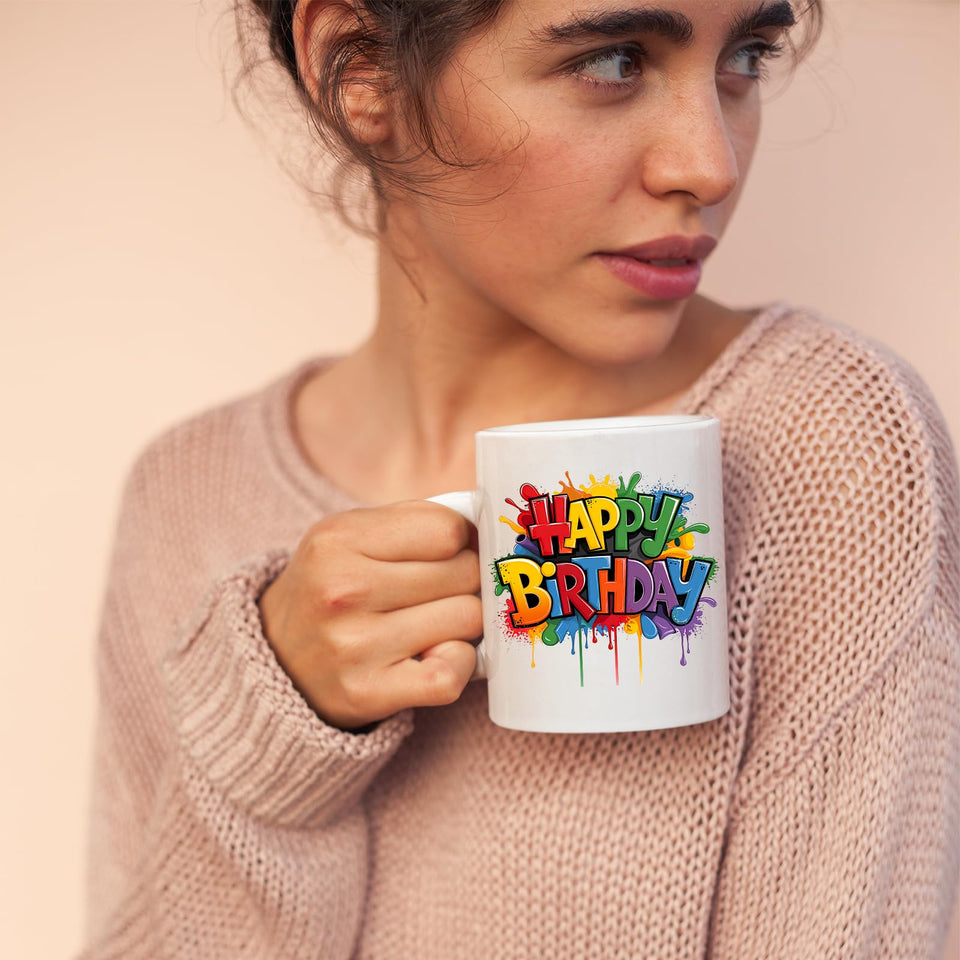 Happy Birthday Mug Colourful Design Cup Funny Printed Birthday Gift for Unique Funny Birthday Present for Him Her Coworker Brother Sister Boss Mom Dad Tea Lover