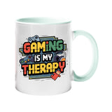 Colour handle mug with colourful “Gaming Is My Therapy” lettering – mint green handle and inside
