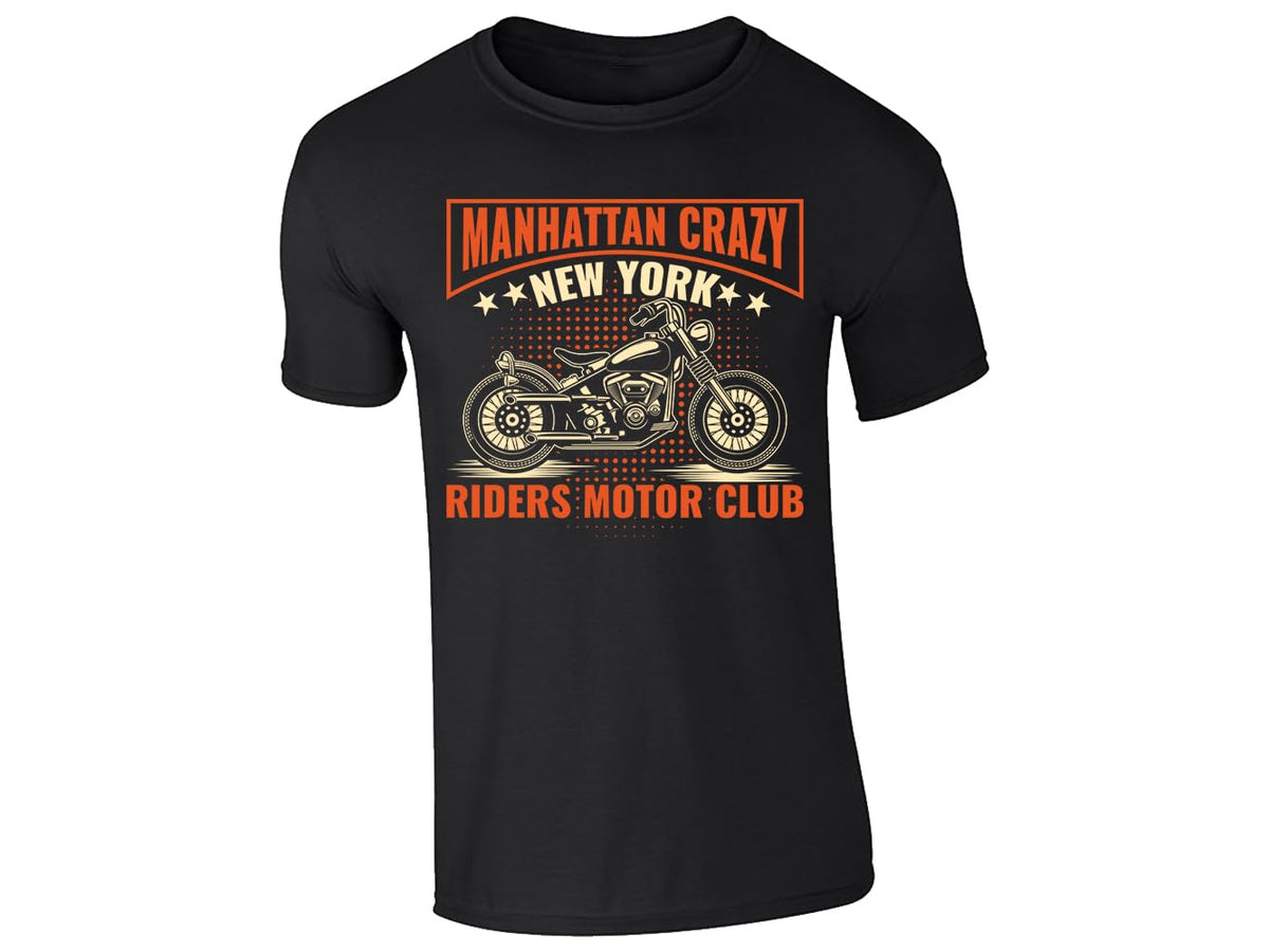 Royal blue men's T-shirt with a “Manhattan Crazy – New York Riders Motor Club” motorbike badge