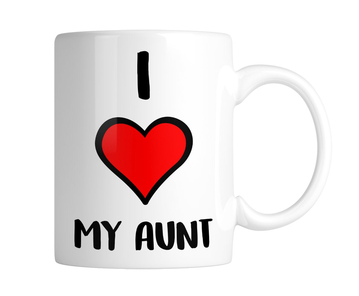 White mug with “I ❤ My Aunt” with a big red heart, handle on the right