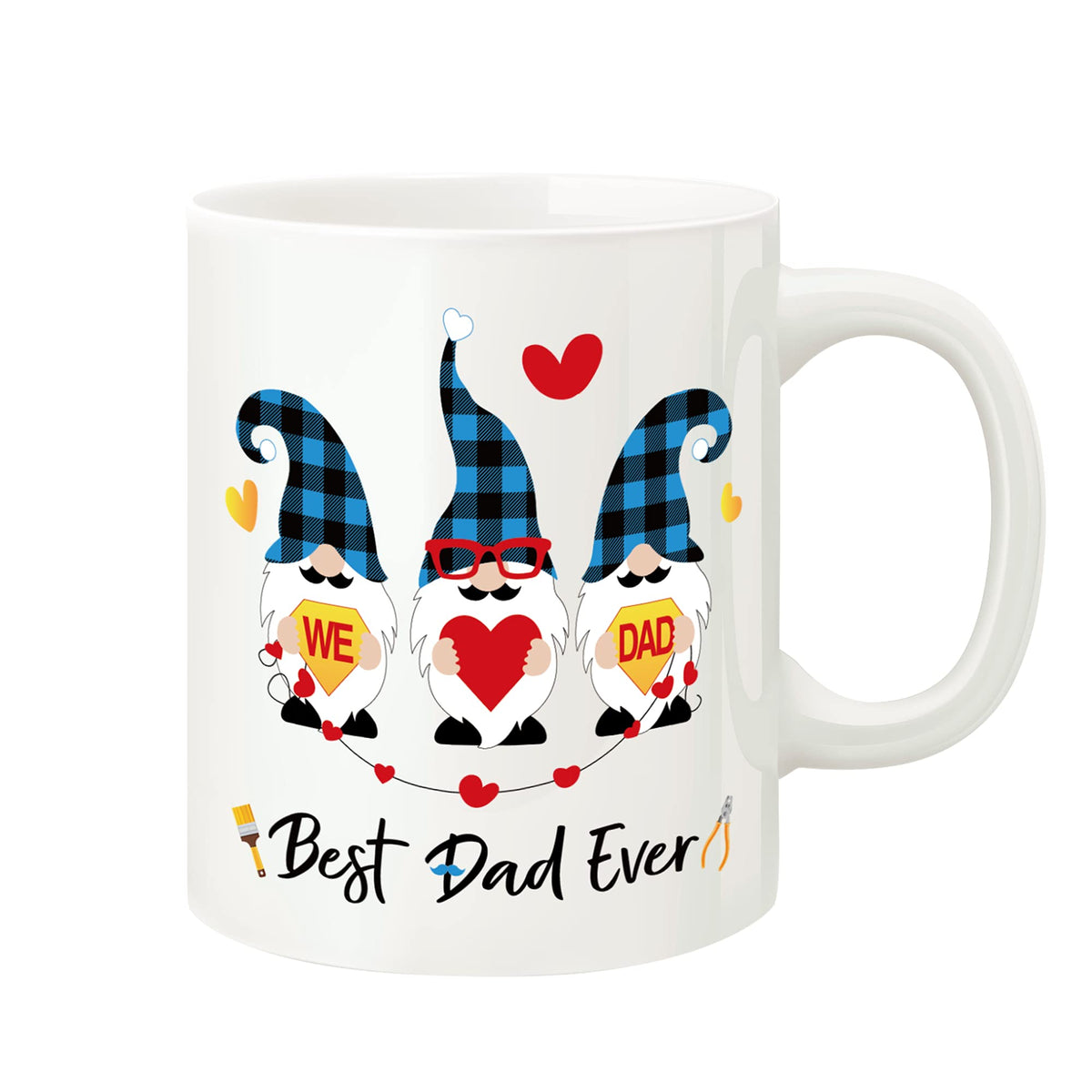 White mug with three blue gnomes and Best Dad Ever