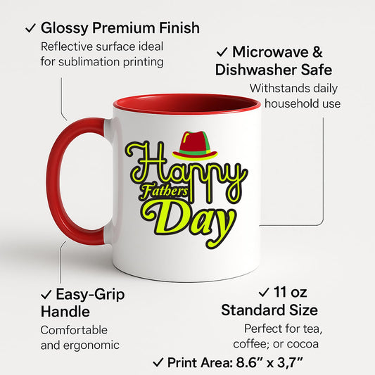 Colour handle mug with Happy Father's Day lettering and a red hat, labelled for 11oz size