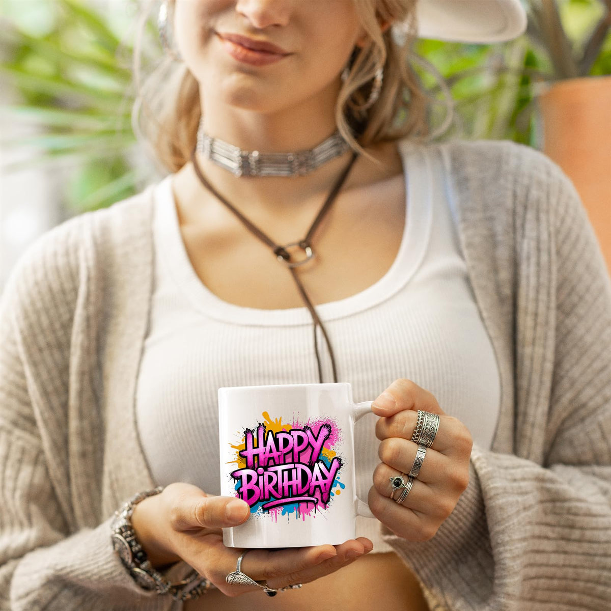Woman holding the Happy Birthday mug