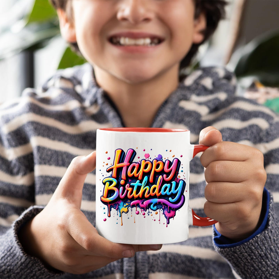 Happy Birthday Colour Mug – Vibrant Paint Drip Design Ceramic Cup for Men, Women & Kids