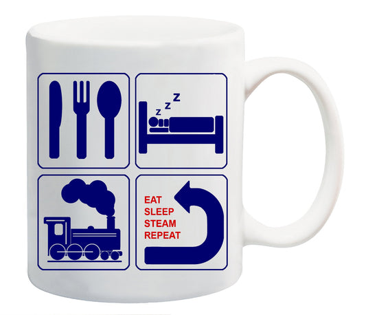 White mug with navy icons of cutlery, a bed, a steam train and a repeat arrow