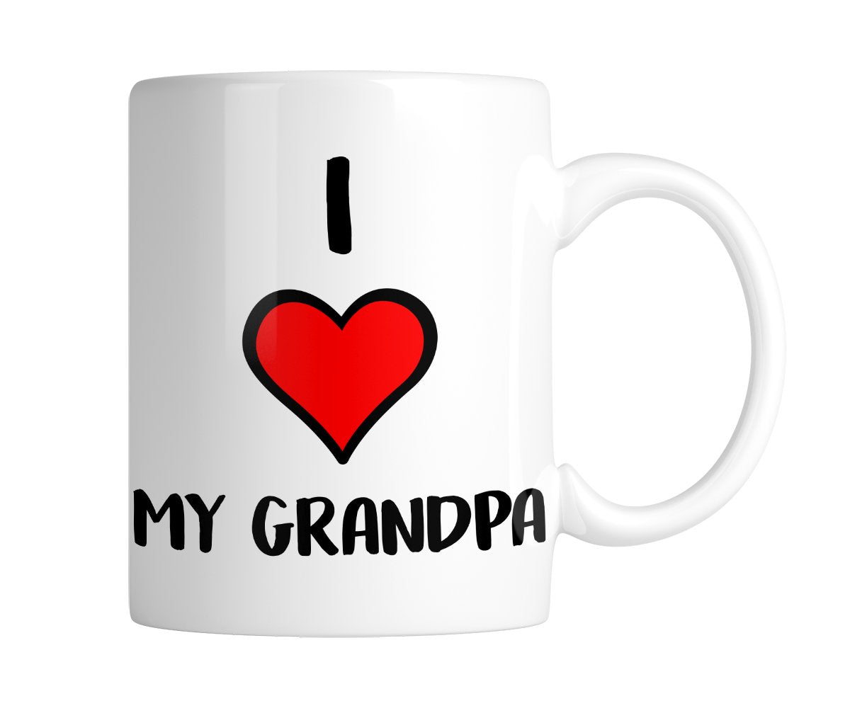 White mug with “I ❤ My Grandpa” with a big red heart, handle on the right