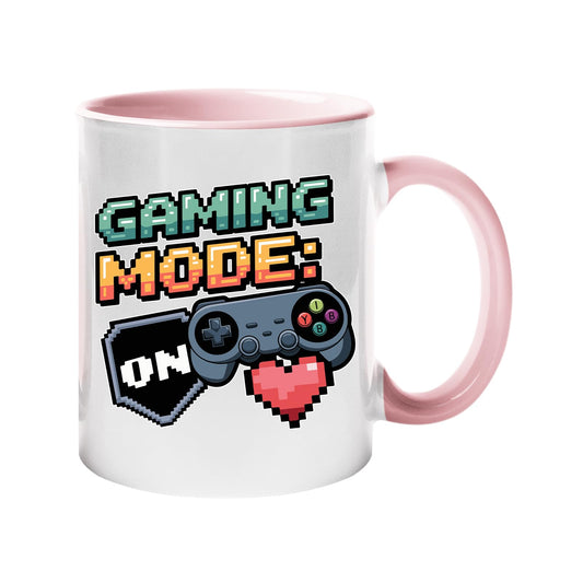 Colour handle mug with “Gaming Mode: On” with a game controller and pixel heart