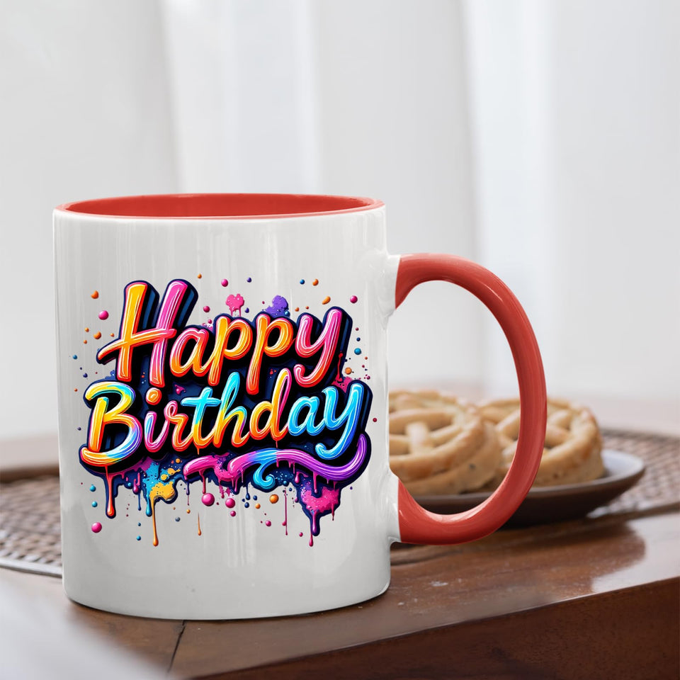 Happy Birthday Colour Mug – Vibrant Paint Drip Design Ceramic Cup for Men, Women & Kids