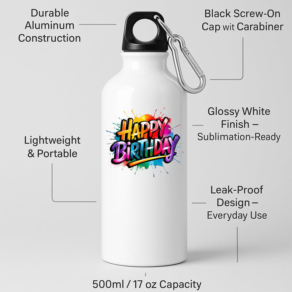 Happy Birthday Water Bottle Colourful Print Washable Fun Surprise Gift Present Birthday for Him Her or Kids Drink for School Travel Gym or outsider Cycling