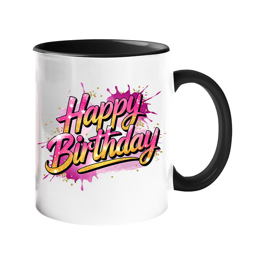 Colour handle mug with pink splash-script “Happy Birthday” lettering
