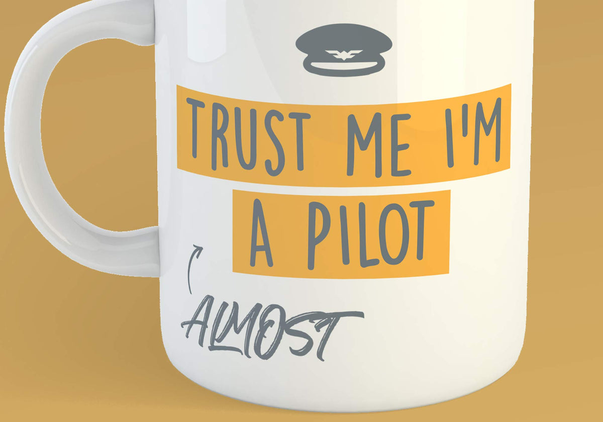 Close-up of the orange Trust Me I'm A Pilot banners and handwritten “almost”
