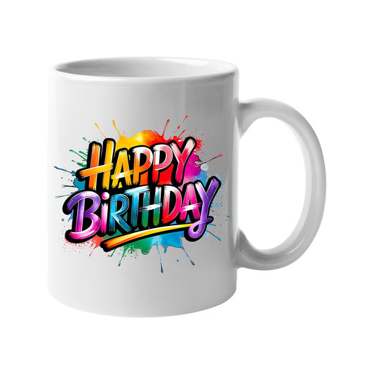 White 11oz mug with rainbow “Happy Birthday” lettering with paint splashes
