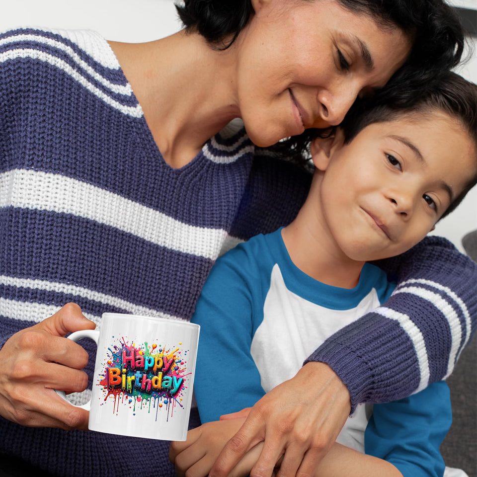 Happy Birthday Mug Colourful Text Splash Design Gift Cup Funny Birthday Present for Him Her or Kids Ceramic Coffee Tea Mug for Surprise Party Celebration Gift