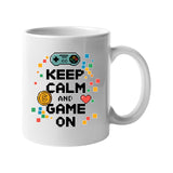 Keep Calm and Game On Mug Retro Gaming Controller Heart Coin Design Gamer Coffee Cup Gift for Him Her Kids Funny Video Game Mug for Console Players Geek Nerd Birthday Present