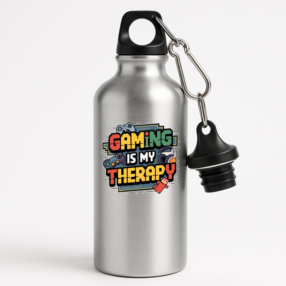Gaming Is My Therapy Water Bottle Gamer Metal Bottle with Controllers & Headphones Funny Retro Gaming Gift Insulated Hydration Bottle for Work Gym or School