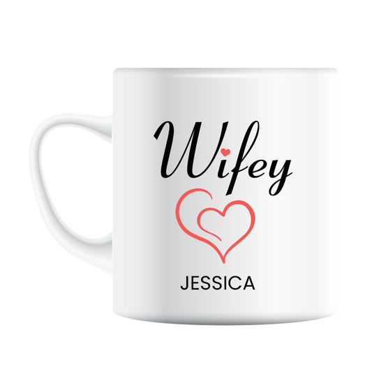 Wifey mug with a red heart and example name