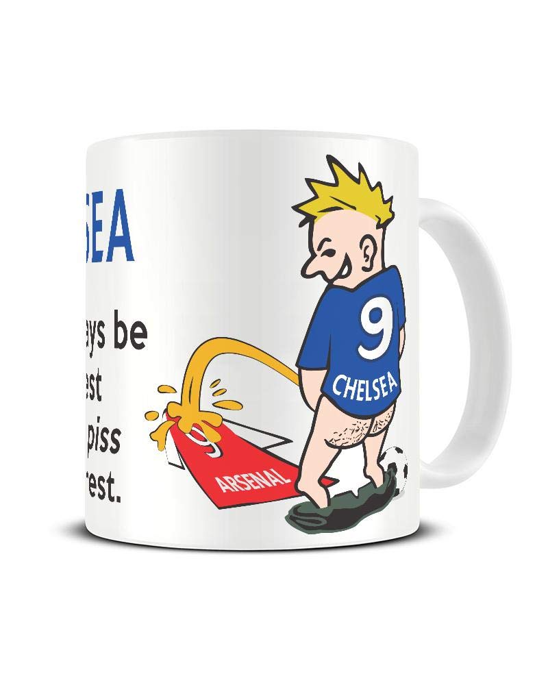 Wee On The Rival's Shirt mug – cartoon fan in a blue No. 9 shirt weeing on a red rival shirt